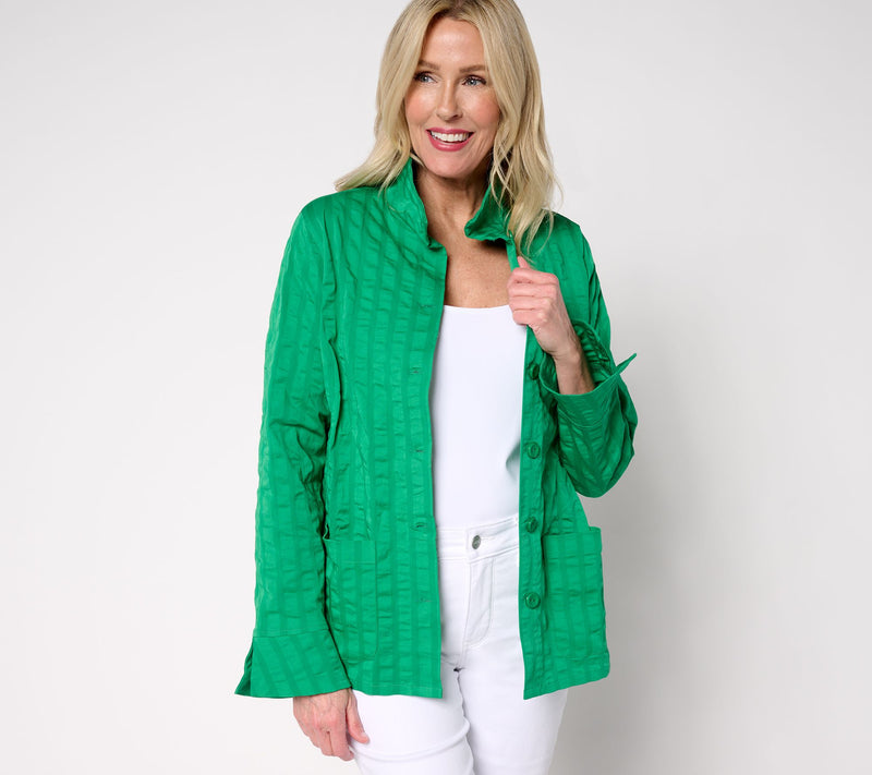 Joan Rivers Stretch Woven Textured Stripe Button Front Topper — Main view
