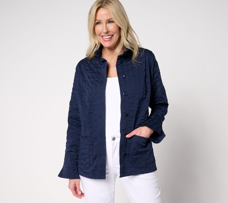 Joan Rivers Stretch Woven Textured Stripe Button Front Topper — View 10