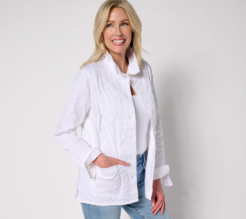 Joan Rivers Stretch Woven Textured Stripe Button Front Topper — View 11