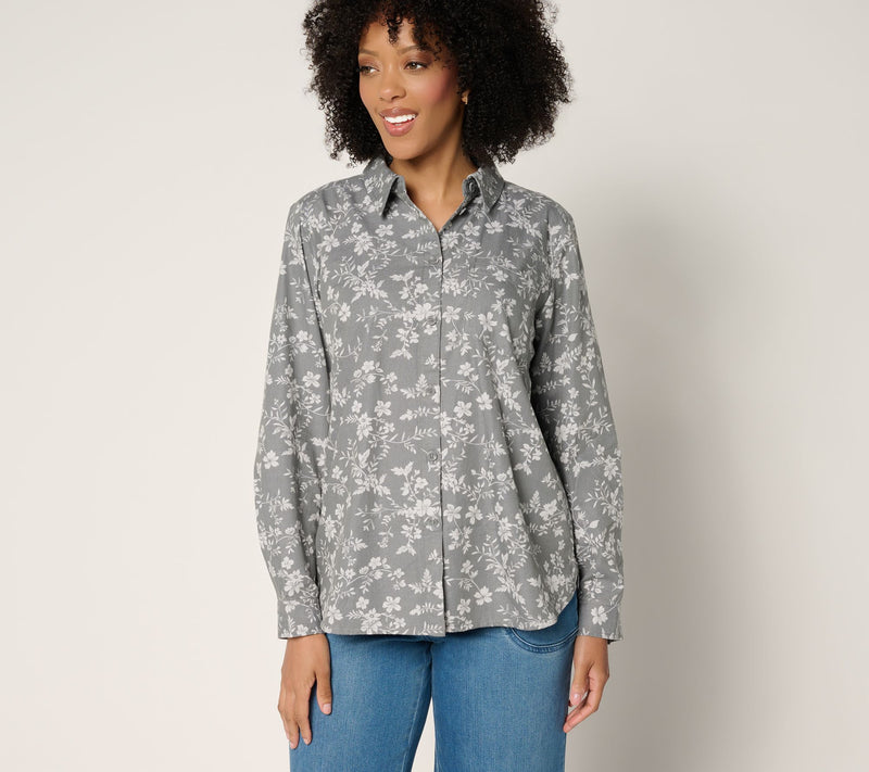 Joan Rivers Cotton Chambray Floral Classic Button Front Shirt — View 15
