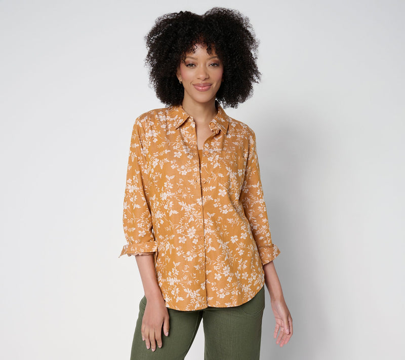 Joan Rivers Cotton Chambray Floral Classic Button Front Shirt — View 16
