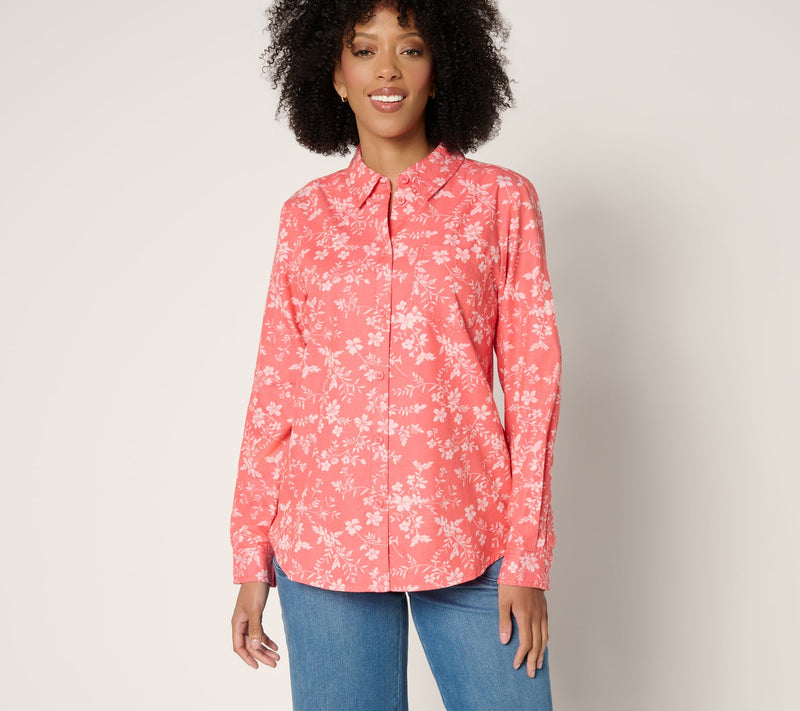 Joan Rivers Cotton Chambray Floral Classic Button Front Shirt — View 2