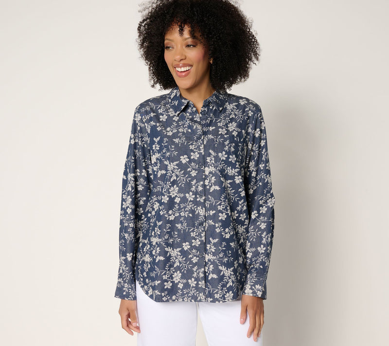 Joan Rivers Cotton Chambray Floral Classic Button Front Shirt — View 17