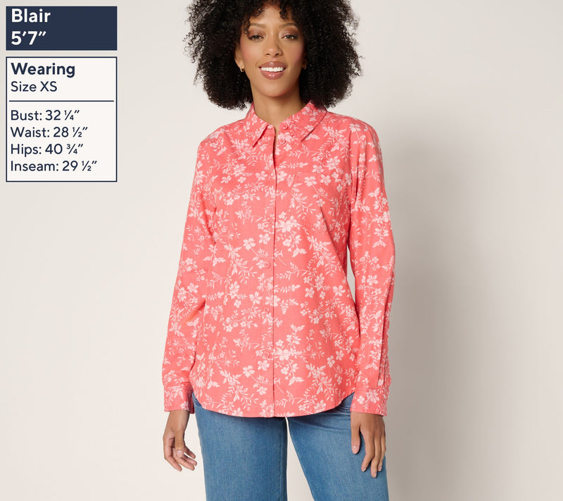 Joan Rivers Cotton Chambray Floral Classic Button Front Shirt — View 4