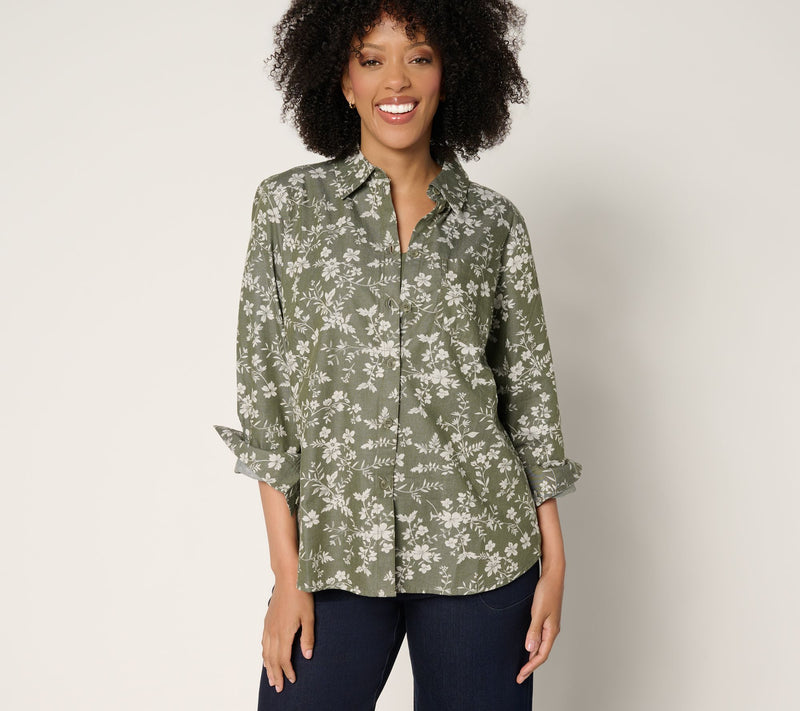 Joan Rivers Cotton Chambray Floral Classic Button Front Shirt — View 18
