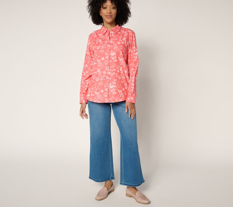 Joan Rivers Cotton Chambray Floral Classic Button Front Shirt — View 6