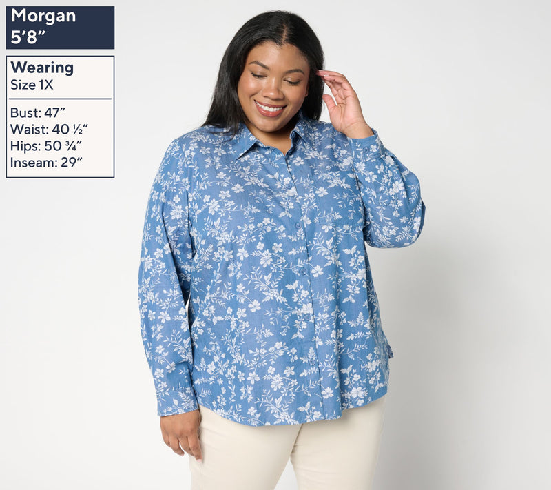 Joan Rivers Cotton Chambray Floral Classic Button Front Shirt — View 3