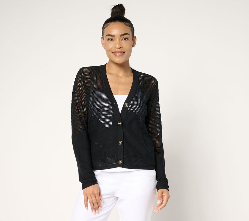 Joan Rivers Cotton Crochet Floral Border Cardigan with Bee Buttons — View 9