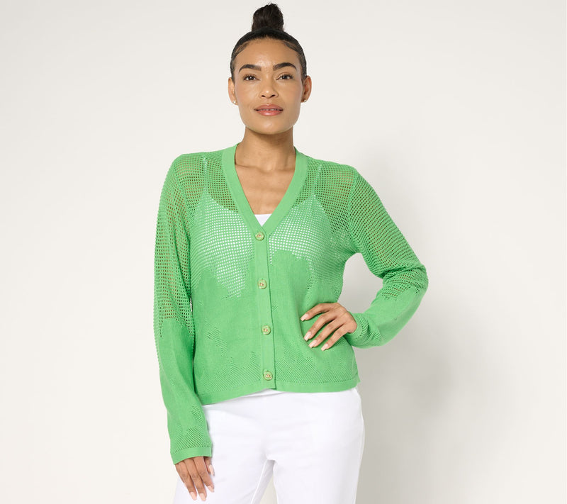 Joan Rivers Cotton Crochet Floral Border Cardigan with Bee Buttons — Main view