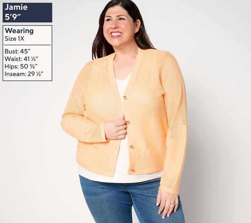 Joan Rivers Cotton Crochet Floral Border Cardigan with Bee Buttons — View 10