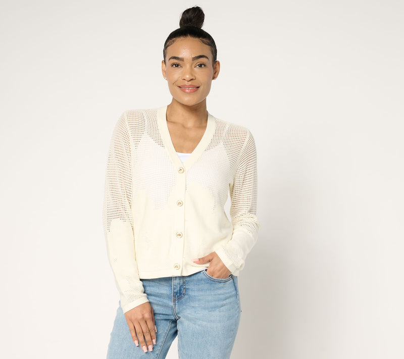 Joan Rivers Cotton Crochet Floral Border Cardigan with Bee Buttons — View 5