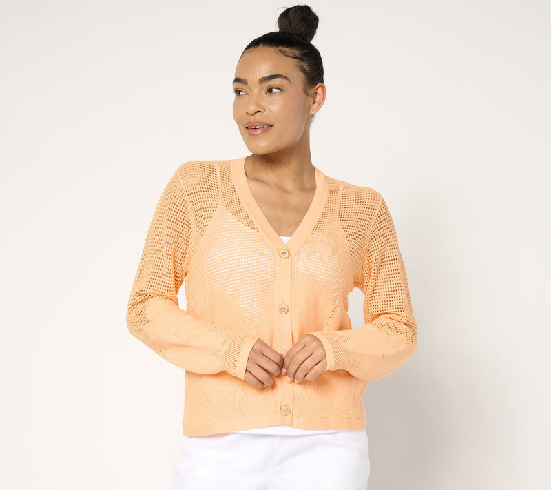 Joan Rivers Cotton Crochet Floral Border Cardigan with Bee Buttons — View 7