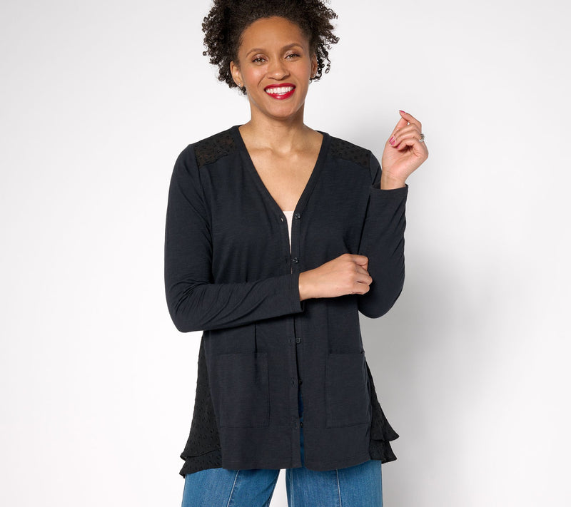 LOGO by Lori Goldstein Regular Knit Cardigan with Clip Dot Trim — View 13