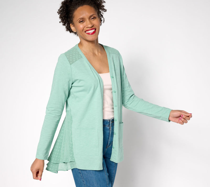 LOGO by Lori Goldstein Regular Knit Cardigan with Clip Dot Trim — View 5