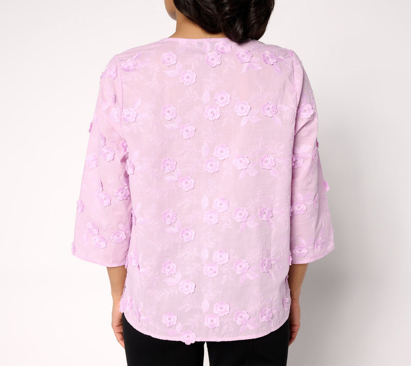 Isaac Mizrahi Live! Embroidered Cotton Split Neck Blouse — View 10