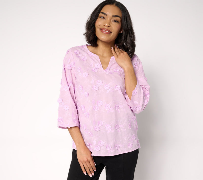 Isaac Mizrahi Live! Embroidered Cotton Split Neck Blouse — View 5