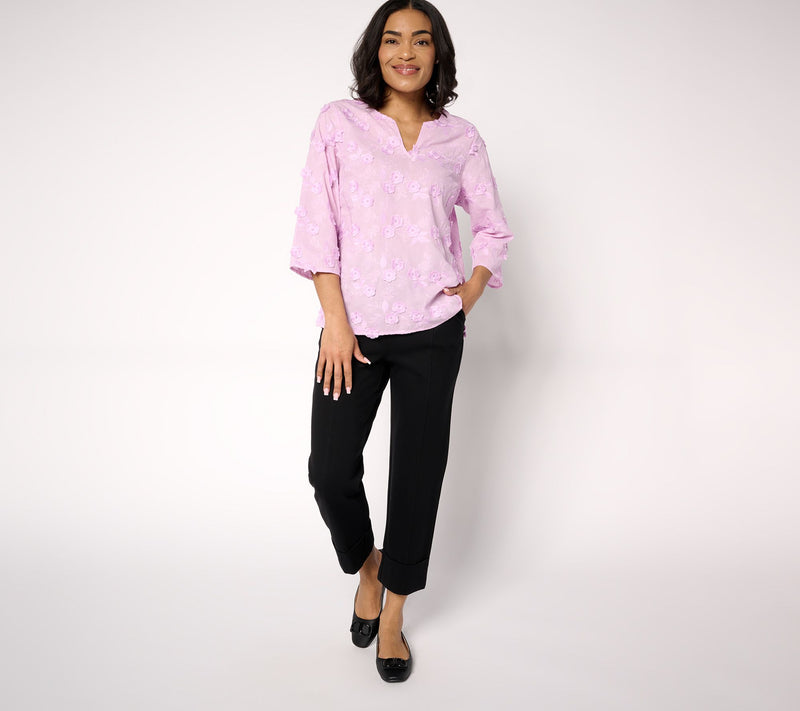 Isaac Mizrahi Live! Embroidered Cotton Split Neck Blouse — View 11