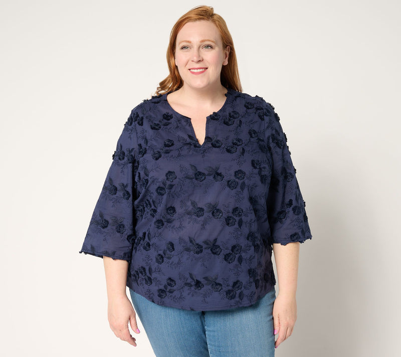 Isaac Mizrahi Live! Embroidered Cotton Split Neck Blouse — View 3