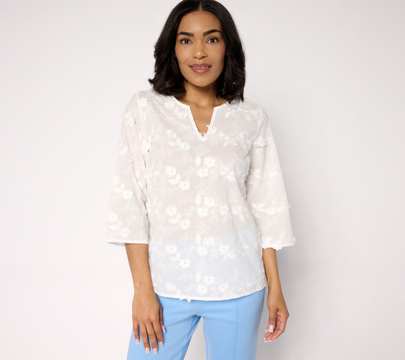 Isaac Mizrahi Live! Embroidered Cotton Split Neck Blouse — View 7