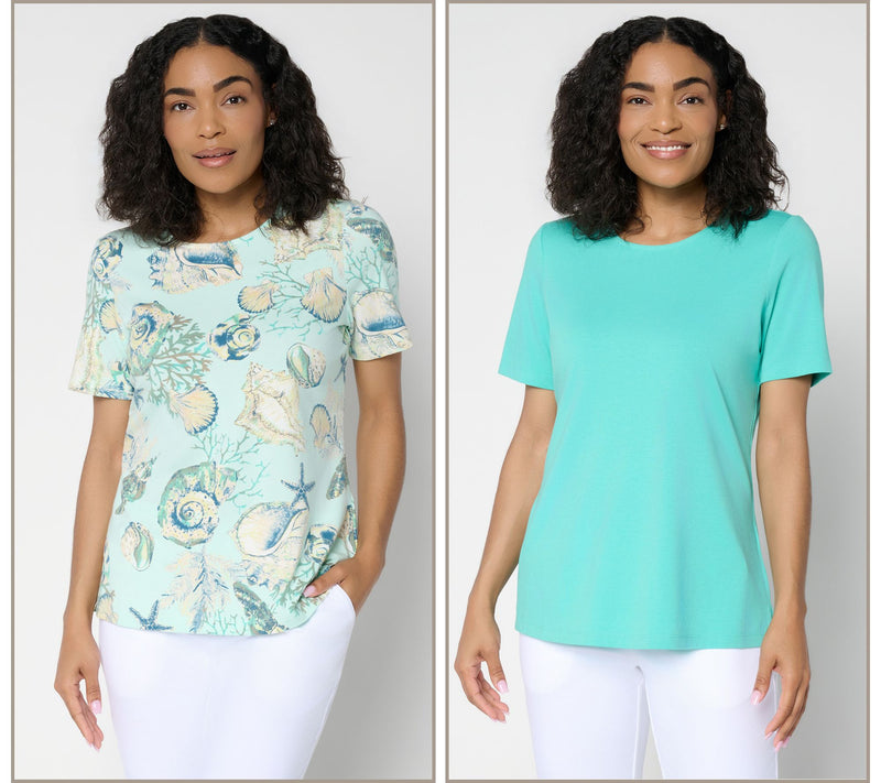 Denim & Co. Beach Jersey 2-Pack Printed and Solid Tops — View 21