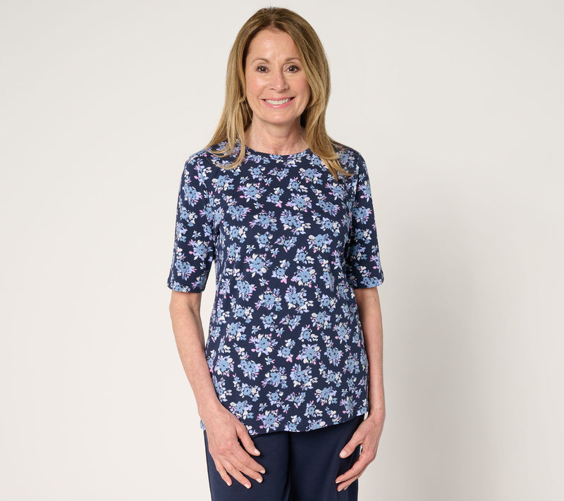 Denim & Co. Printed Favorite Jersey Elbow Sleeve Crew Neck Top — View 17