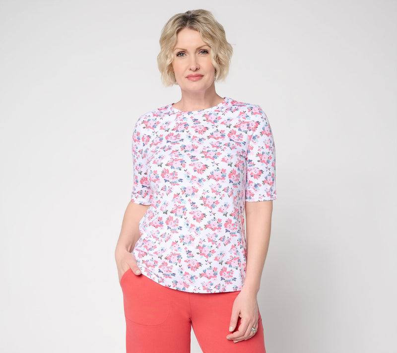 Denim & Co. Printed Favorite Jersey Elbow Sleeve Crew Neck Top — Main view