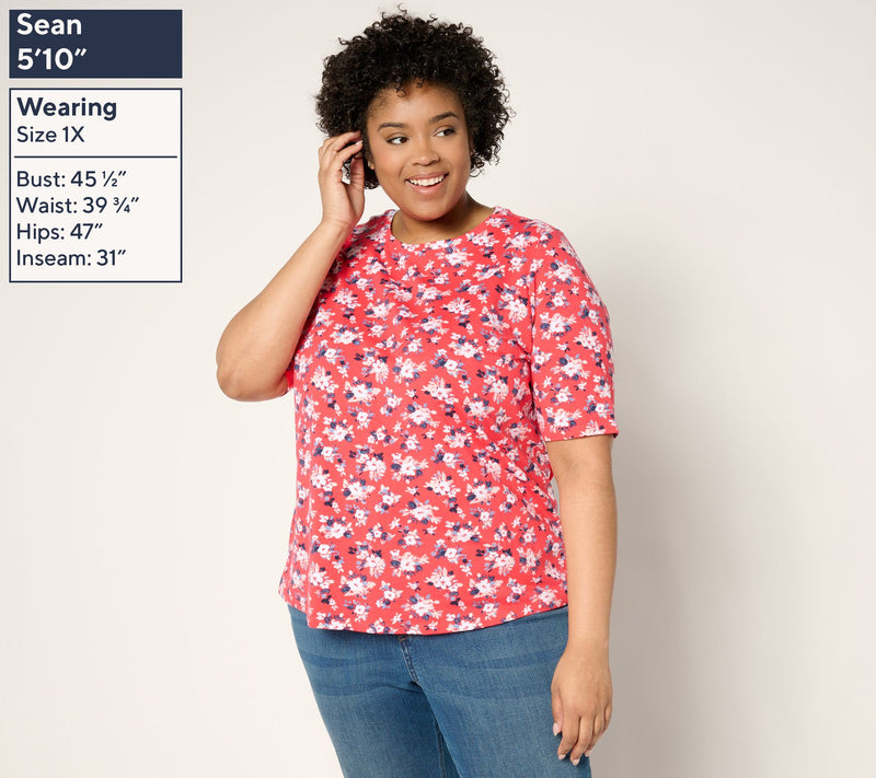 Denim & Co. Printed Favorite Jersey Elbow Sleeve Crew Neck Top — View 2