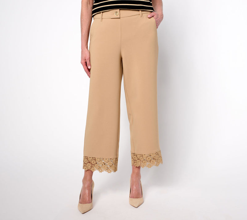 Isaac Mizrahi Live! Petite Crepe Wide Leg Crop Pants with Lace Trim — Main view