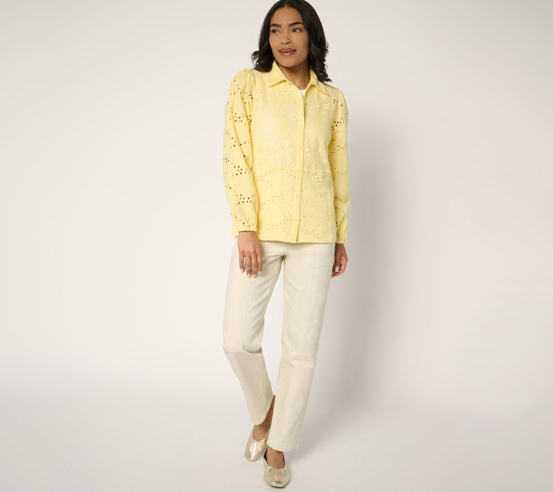 LOGO Lavish by Lori Goldstein 100% Cotton Eyelet Shirt — View 5