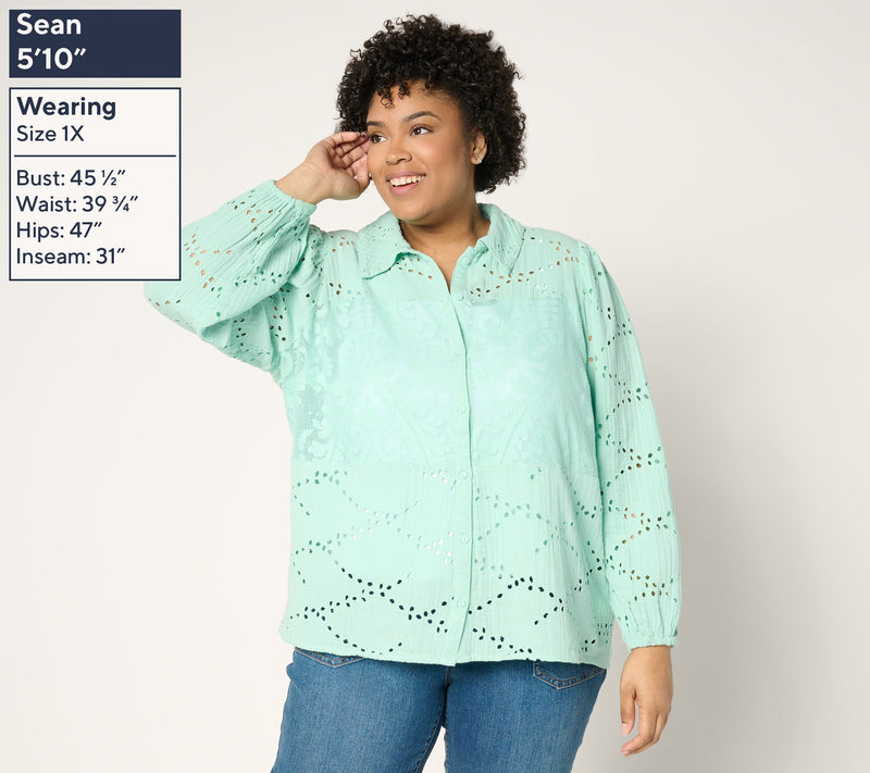 LOGO Lavish by Lori Goldstein 100% Cotton Eyelet Shirt — View 2