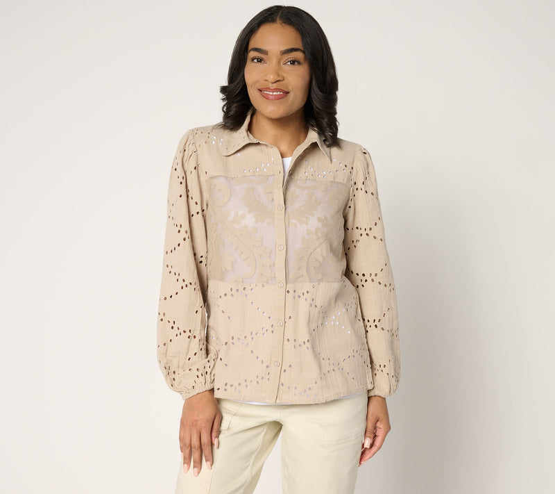 LOGO Lavish by Lori Goldstein 100% Cotton Eyelet Shirt — View 11