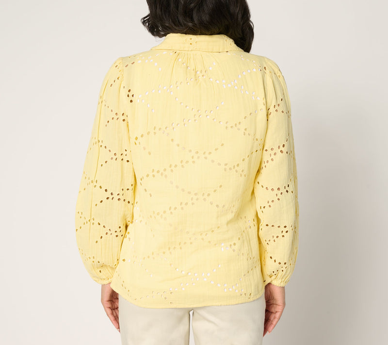 LOGO Lavish by Lori Goldstein 100% Cotton Eyelet Shirt — View 4