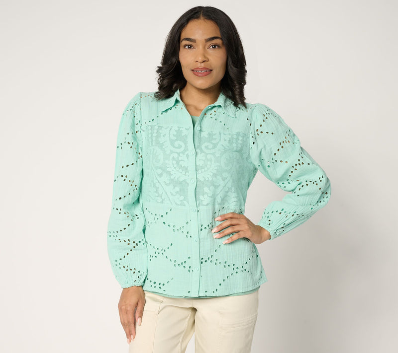 LOGO Lavish by Lori Goldstein 100% Cotton Eyelet Shirt — View 12