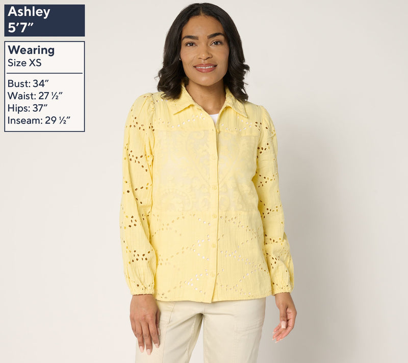 LOGO Lavish by Lori Goldstein 100% Cotton Eyelet Shirt — View 3