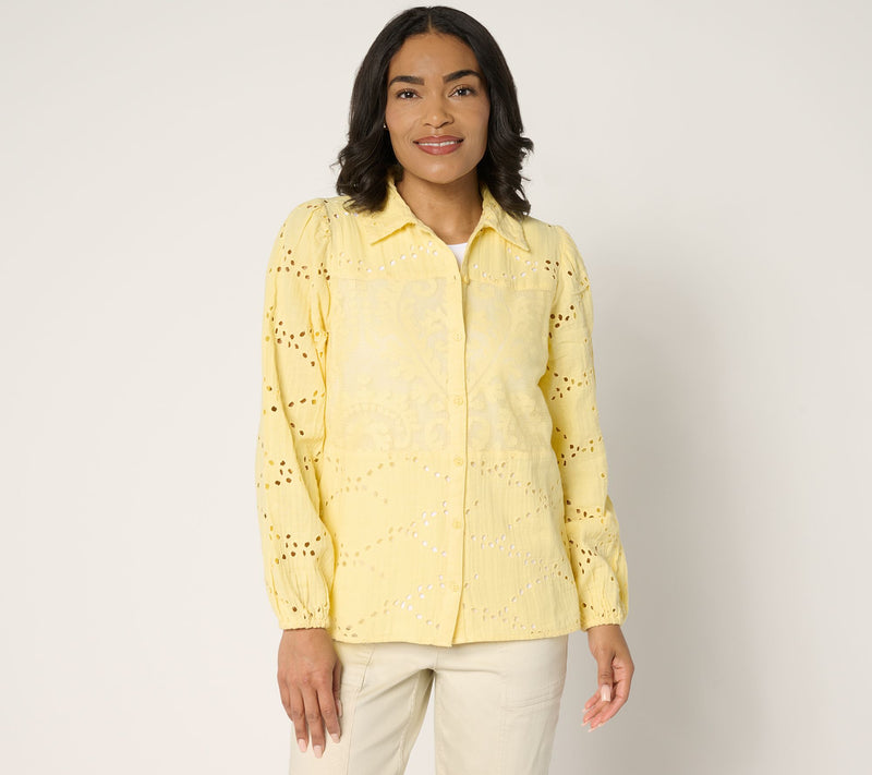 LOGO Lavish by Lori Goldstein 100% Cotton Eyelet Shirt — Main view
