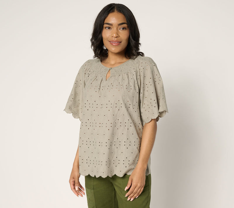 LOGO Lavish by Lori Goldstein 100% Cotton Eyelet Top — View 12
