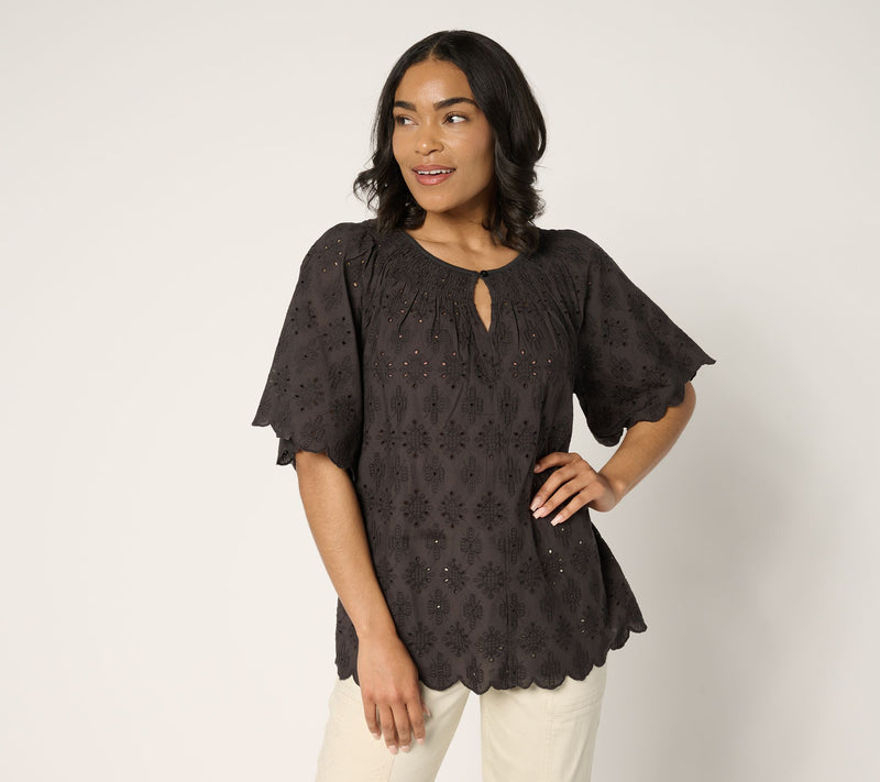 LOGO Lavish by Lori Goldstein 100% Cotton Eyelet Top — View 13