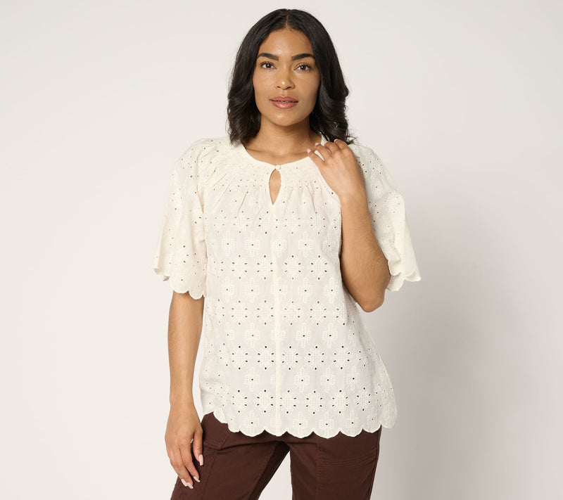 LOGO Lavish by Lori Goldstein 100% Cotton Eyelet Top — View 15