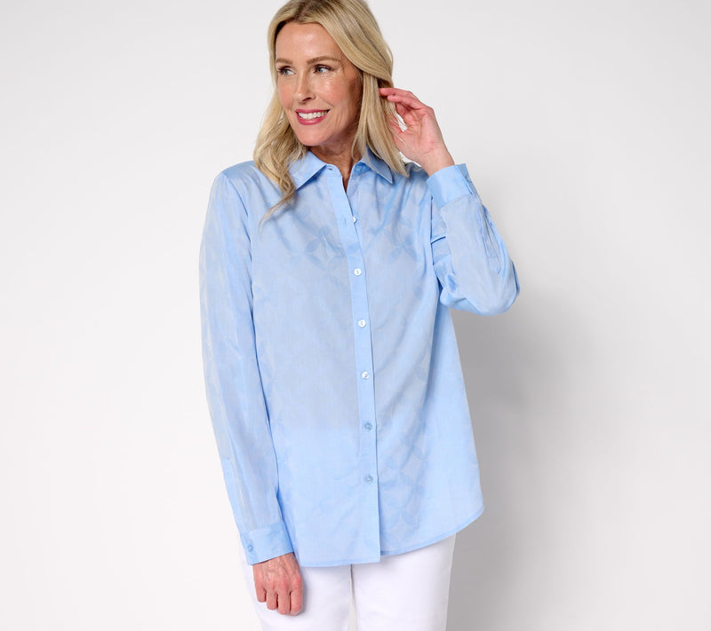 Joan Rivers Cotton Jacquard Geo Button Front Shirt — Main view