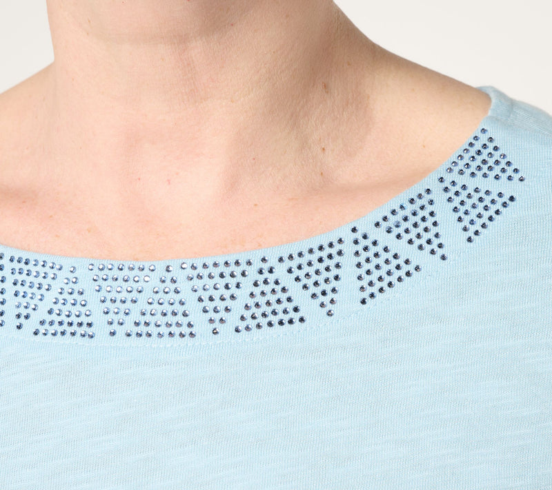 Denim & Co. Linen Blend Knit Top with Neck Embellishment — View 5