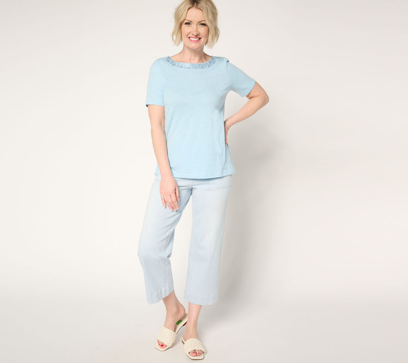 Denim & Co. Linen Blend Knit Top with Neck Embellishment — View 4