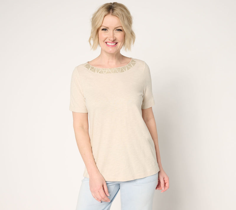 Denim & Co. Linen Blend Knit Top with Neck Embellishment — View 9