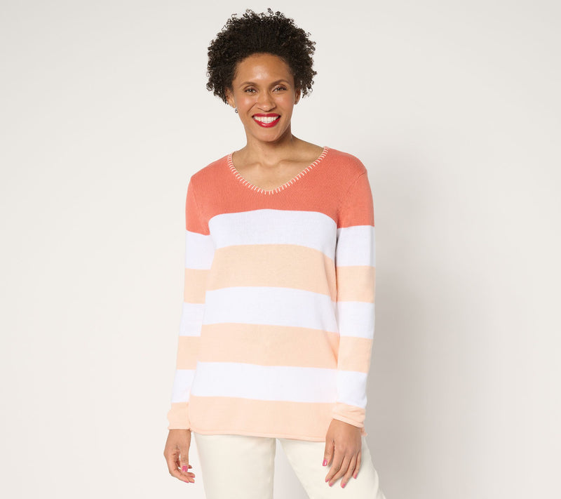 Denim & Co. 100% Cotton Striped Long Sleeve V-Neck Sweater — View 9