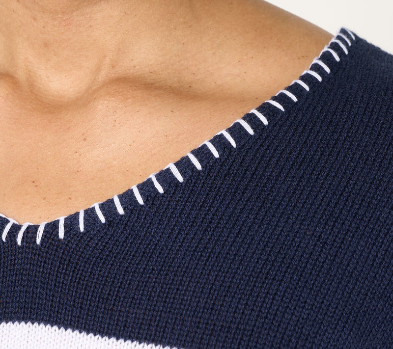Denim & Co. 100% Cotton Striped Long Sleeve V-Neck Sweater — View 14