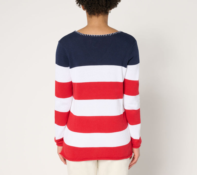 Denim & Co. 100% Cotton Striped Long Sleeve V-Neck Sweater — View 12