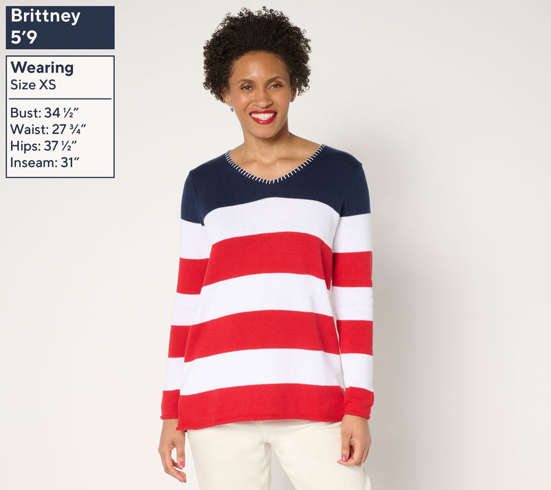 Denim & Co. 100% Cotton Striped Long Sleeve V-Neck Sweater — View 11