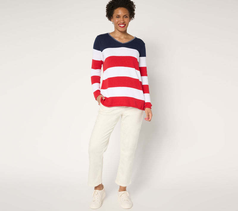 Denim & Co. 100% Cotton Striped Long Sleeve V-Neck Sweater — View 13