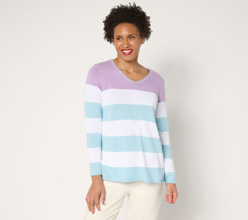 Denim & Co. 100% Cotton Striped Long Sleeve V-Neck Sweater — View 5