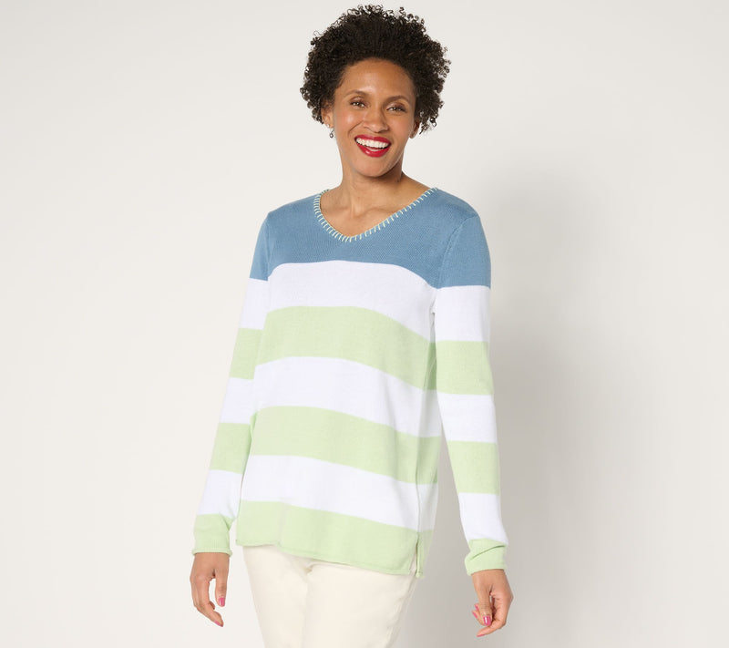 Denim & Co. 100% Cotton Striped Long Sleeve V-Neck Sweater — View 7