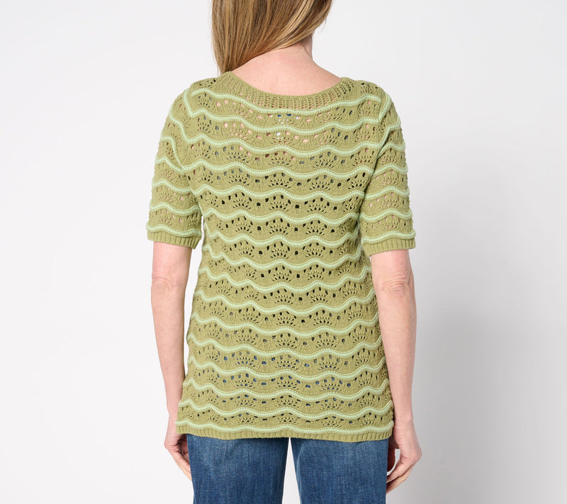 Denim & Co. 100% Cotton Pointelle Elbow Sleeve Sweater — View 4